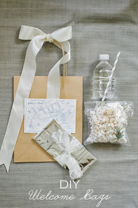 I have most of the major details of our wedding figured out and have started thinking about our welcome bags. I don't want to spend a ton but still want something cute for our guests. I put together t Welcome Bag Ideas, Diy Souvenirs, 2015 Wedding Trends, Welcome Kit, Wedding Wednesday, Diy Cocktails, Diy Wedding Gifts, Rustic Cake Toppers, Welcome Bag