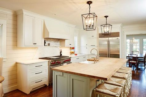 Ivory Cabinets, White Herringbone Tile, White Upper Cabinets, Kitchen Cabinets Color Combination, Island Seating, White Wood Paneling, Gray Island, Cabin Renovation, Wood Countertop