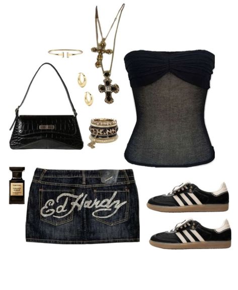 Ed Hardy Mini Skirt Outfit, Ed Hardy Outfit, Outfit Mood Board, Miniskirt Outfits, Swaggy Outfits, Mini Purse, Ed Hardy, Cute Fits, Fashion Outfit