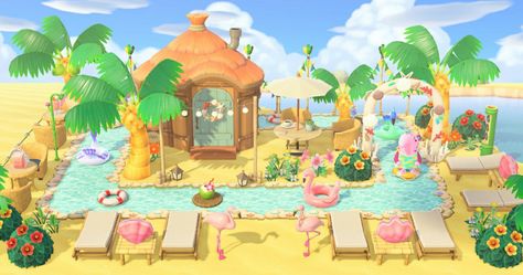 Acnh Beach Resort Ideas, Acnh Tropical Ideas, Acnh Florida Core, Acnh Tropical Theme Codes, Tropical Acnh Code, Floridacore Acnh, Acnh Island Designs Tropical, Tropical Core Acnh, Animal Crossing Summer Island