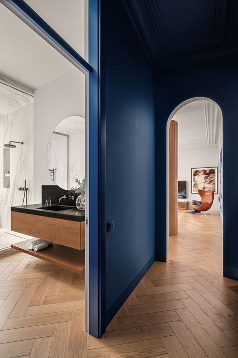 Blue Hallways, Blue Hallway, Kyiv Ukraine, Living Room Size, Herringbone Floor, Apartment Renovation, Isamu Noguchi, Wooden Windows, Leather Lounge Chair