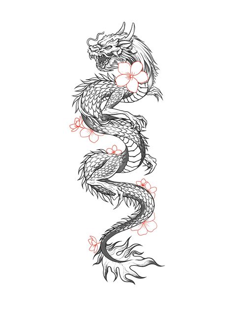 Dragon Tattoo For Women Sleeve, Dragon With Flowers Tattoo Stencil, Dragon Hip Tattoos Women Small, Japanese Dragon Spine Tattoo, Dragon Spine Tattoo For Women, Dragon Tattoos For Men Arm, Dragon And Cherry Blossom Tattoo, Red And Black Dragon Tattoo, Back Tattoo Stencil