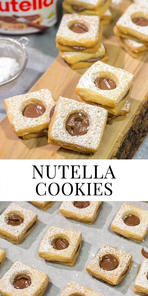 These Nutella Cookies feature buttery shortbread cookies with a schmear of Nutella in between. Good luck eating just one! Nutella Shortbread Cookies, Nutella Shortbread, Nutella Filling, Nutella Cookie, Caramel Shortbread, Best Chocolate Desserts, Buttery Shortbread Cookies, Buttery Shortbread, Scrumptious Food