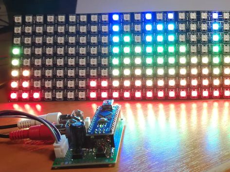 PCB Stereo RCA Female Plug Music Frequency, Cool Arduino Projects, Audio Spectrum, Analog To Digital Converter, Arduino Radar, Microcontroller Board, Tda7388 Amplifier Circuit, Spectrum Analyzer, Led Matrix Arduino