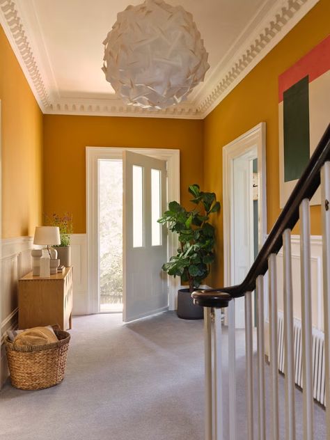 Dado Rail Hallway, Yellow Hallway, Bottom Of Stairs, Hallway Decor Ideas, Bright Hallway, Mustard Yellow Walls, Hall Colour, Hallway Colours, Wainscoting Panels