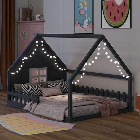 PRICES MAY VARY. 🥇🥇 【Montessori Bed Full Size: Playhouse Design】Add an amusing touch to your kid’s bedroom with this Full size montessori bed frame. Featuring a house shape headboard and a cute window,fenced side rails for a fun bedroom environment that your child will love. This kids house tent bed can be harmoniously matched with a variety of furniture in your home. 🥇🥇 【House Floor Bed with High Fence and Door】The safety of this twin size house floor bed is certified by Children's Product House Toddler Bed Boy, Kid House Bed, Floor Bed For Twins, Montessori Bed Decoration, Montessori Floor Bed Baby, Montessori Bed Boy, Montessori Floor Bed Toddler, Toddler Floor Bed Girl, Kids Floor Bed Ideas