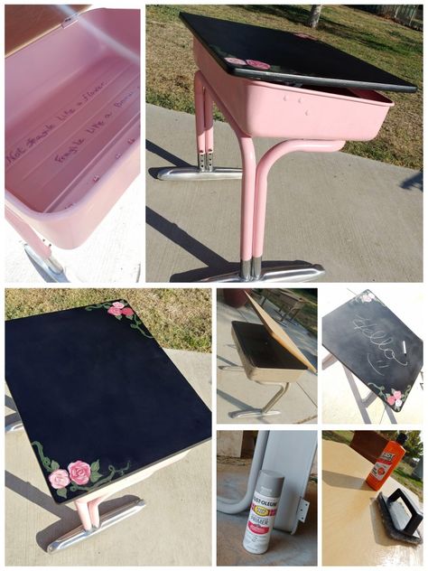 Painted School Desks, School Desk Makeover, Old School Desk, Spray Glitter, Rustoleum Paint, Old School Desks, School Desk, Desk Makeover, Teacher Desk