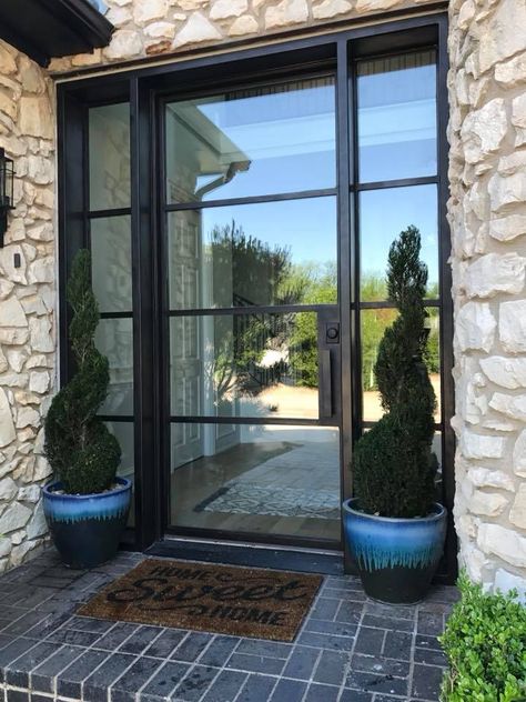 Metal Front Doors With Glass Panels, Smoked Glass Front Door, French Doors Exterior Entrance, Industrial Front Doors, Exterior Entrance, French Front Doors, Porte In Ferro, Metal Front Door, Swiss Cottage