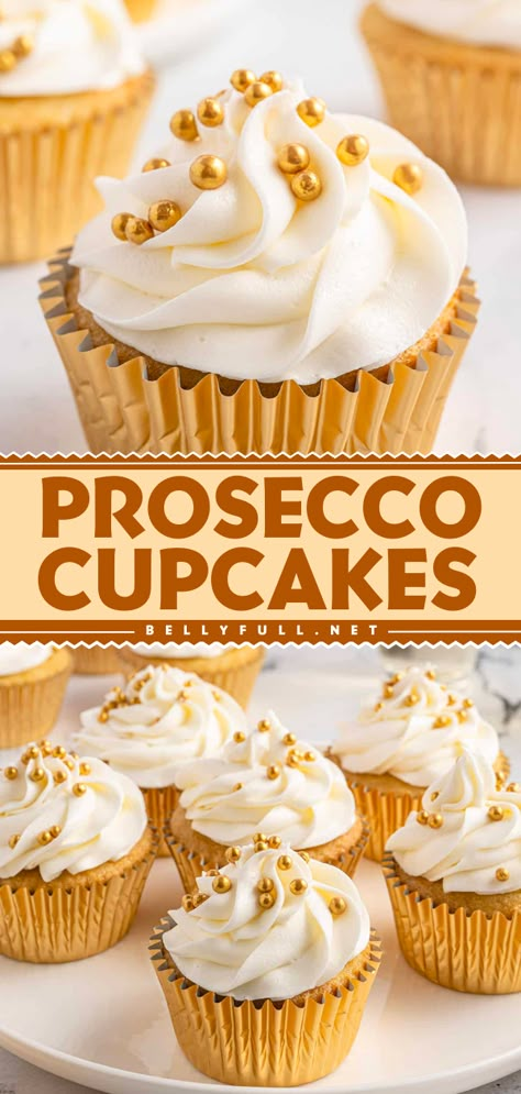 Serve only the best prosecco cupcakes for your new year's dessert ideas! This easy cupcake recipe features moist and fluffy cupcakes topped with a smooth buttercream frosting. The sweet sparkling wine flavor sets these apart from other treats. Try it! Mini Champagne Cupcakes, New Year Eve Cupcakes, Prosecco Cupcakes Recipe, New Year’s Eve Cupcake Ideas, Champagne Cupcakes With Box Cake, Prosecco Cupcakes, Smooth Buttercream Frosting, Prosecco Cake, Best Holiday Desserts