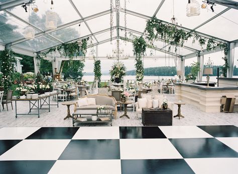 Lake House Wedding Reception, Checkered Dance Floor, Wedding Tent Decorations, Alfresco Wedding, Lake House Wedding, Clear Tent, Dance Floor Wedding, Dance Floors, Wedding Furniture