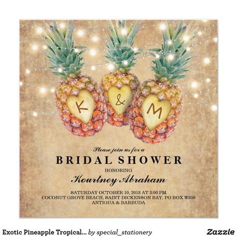 Exotic Pineapple Tropical Bridal Shower CardRetro tropical beach wedding bridal shower invitations using a rustic vintage textured background, modern twinkle lights, 3 hearts carved in lush pineapples with your initials inside. Hawaiian Wedding Decor, Tropical Bridal Party, Reception Poster, Tropical Wedding Reception, String Light Wedding, Beach Bridal Shower Invitations, Tropical Bridal Shower Invitations, Pineapple Wedding, Beach Bridal Showers