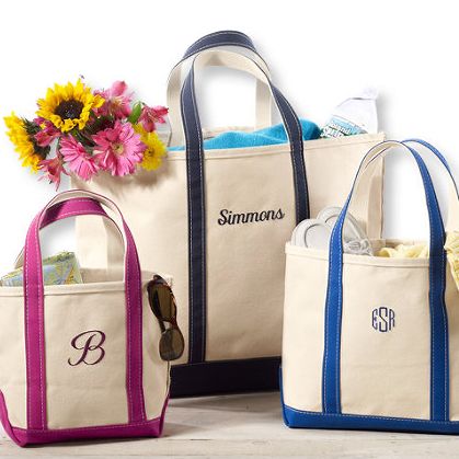 LL Bean made in USA monogramed totes Llbean Tote Bag Monogram, Llbean Tote Bag, Llbean Tote, Boat And Tote, $5 Gift Ideas, Beach Necessities, Simple Tote, Ll Bean, Bridesmaids Gifts