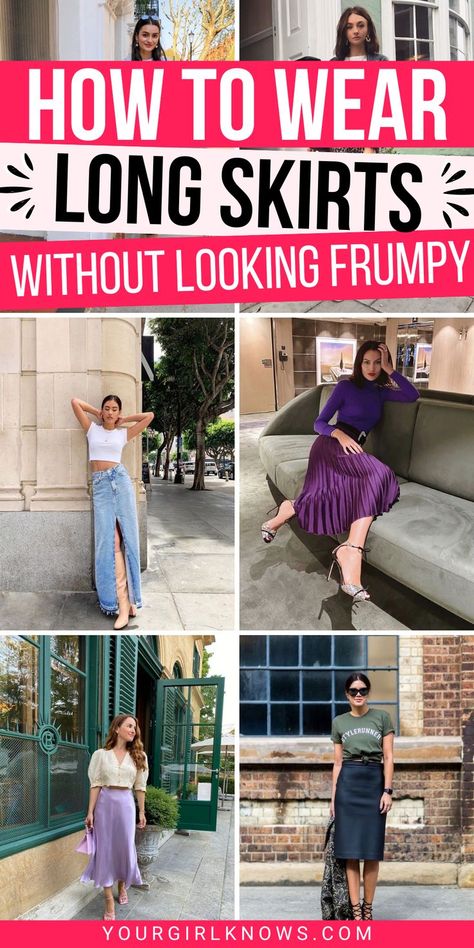 Long skirts can be a bit daunting, but they don't have to make you look frumpy. Here are some tips on how to wear them in a way that'll make you feel confident and comfortable. Plus, check out some outfit ideas to get you started! Gen X Outfit Ideas, Long Skirt Travel Outfits, How To Style An A Line Skirt, Tops With Black Skirt, Long Skirt Outfit For Work, Flow Skirt Outfit, How To Dress A Long Skirt, Style Long Pencil Skirt, Pencil Long Skirt Outfits