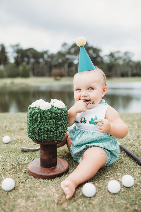 Golf Course First Birthday Pictures, Smash Cake Golf Theme, 1st Birthday Golf Pictures, Smash Cake Party, Golf Smash Cake Photos, Golf First Birthday Pictures, Golf 1st Birthday Photoshoot, Hole In One First Birthday Cake Smash, First Birthday Golf Photo Shoot