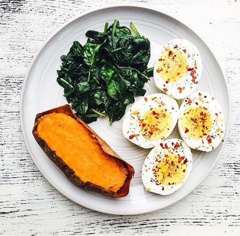 Two hard boiled eggs, sautéed spinach with garlic and sea salt, and a sweet potato half Sweet Potato And Boiled Egg, Egg And Spinach, Sunday Food, Light Meals, Sauteed Spinach, Healthy Lifestyle Food, Clean Food, Boiled Egg, Food Diet