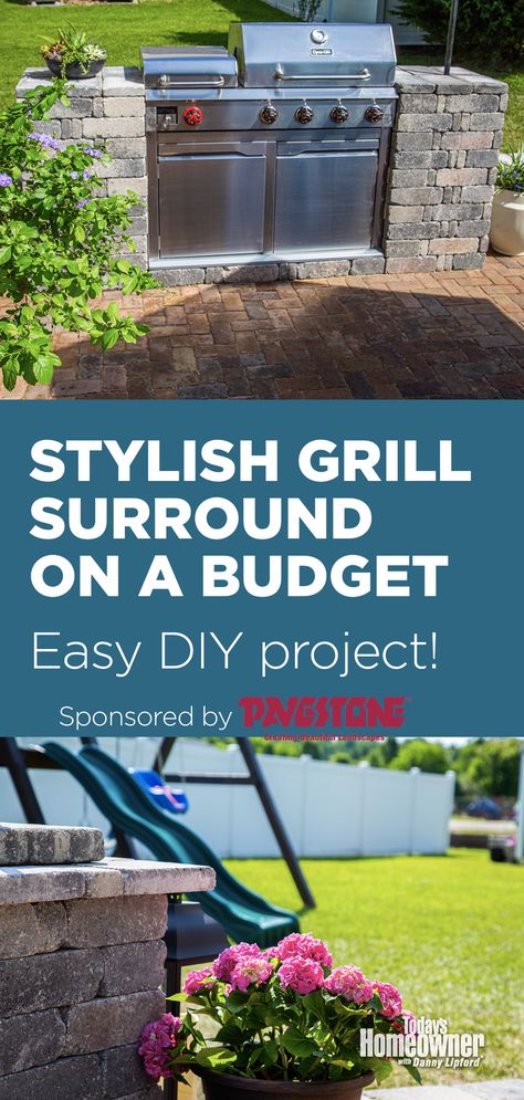 Top: Grill surrounded by stacked pavers on a stylish patio. Bottom: Closeup of a paver column. Diy Grill Surround Easy, Diy Grill Surround, Pavers Grill Area, Grill Pad Off Patio, Grill Surround, Grey Pavers, Diy Patio Pavers, Pavers Diy, Outside Bar