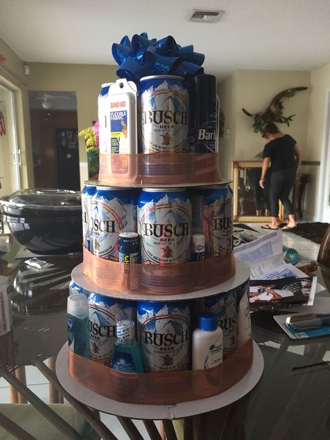 Busch beer can cake Beer Can Cake, Beer Can Cakes, Birthday Beer Cake, Busch Beer, 60th Bday, Busch Light, Birthday Party Snacks, 40th Birthday Parties, Band Aid