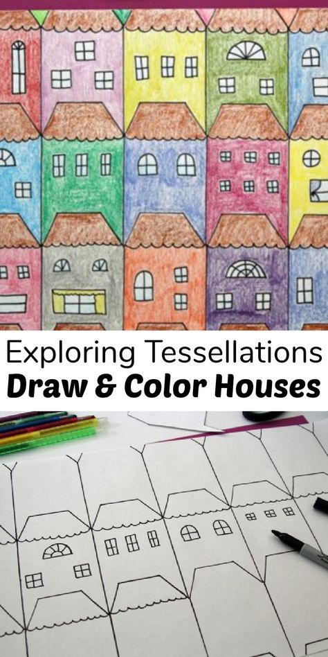 Tessalations Patterns Ideas Easy, Tessalations Patterns Ideas, Houses To Draw, Tesselation Art, Shape Lessons, Escher Tessellations, Math Literature, Tessellation Art, Interlocking Shapes