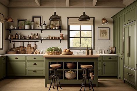 Green Beige Kitchen, Kitchen Cupboard Colours, Olive Green Kitchen, Mediterranean Kitchen Design, Tall Kitchen Cabinets, Ikea Kitchen Design, Green Color Palette, Kitchen Finishes, Green Kitchen Cabinets