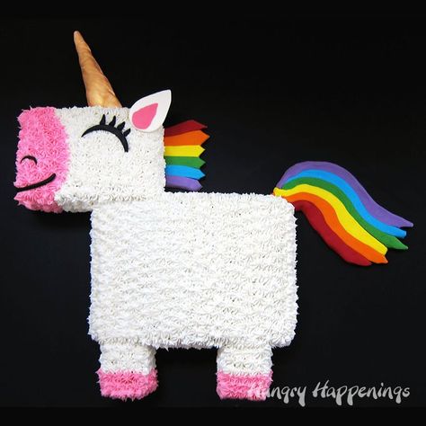 You won't believe how easy it is to transform a 9x13 sheet cake into this delightful Rainbow Unicorn Cake with a colorful candy clay (modeling chocolate) mane and tail. 4de Verjaardag, Rainbow Unicorn Cake, Pink Frosting, Edible Gold, Modeling Chocolate, Unicorn Cake, Colorful Candy, Unicorn Birthday Parties, Rainbow Cake