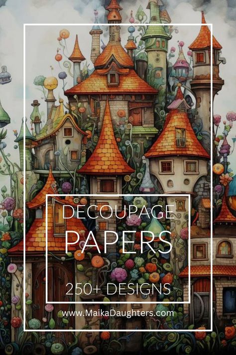 Add a whimsical touch to your furniture with Whimsical Village decoupage paper for furniture. Featuring a charming fantastical cluster of a Victorian style village that seems to come to life right before your eyes, this paper is so charming. Let your imagination soar as you create your own unique pieces with homes that seem to rise up into the sky. Decoupage Paper For Furniture, Decoupage Furniture Ideas, Silver Plate Decor, Decoupage Paper Free, Mixed Media Boxes, Diy Decoupage, Diy Furniture Flip, Decoupage Projects, Diy Jar