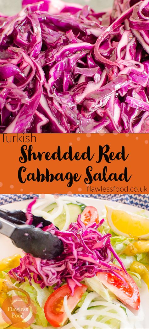 Kebabs are not complete without a delicious shredded red cabbage with salad on the side. This simple recipe shows you how easy it is to create shredded red cabbage just like you would get from a Turkish kebab takeaway shop. Try with Lamb Shish, Chicken, or Donner Kebab. #turkish #kebabsalad Kebab Sides Dishes, Turkish Cabbage Salad, Turkish Chicken Kebab Recipe, Kebab Salad, Kebab Takeaway, Donner Kebab, Turkish Vegetables, Takeaway Shop, Turkish Kebab