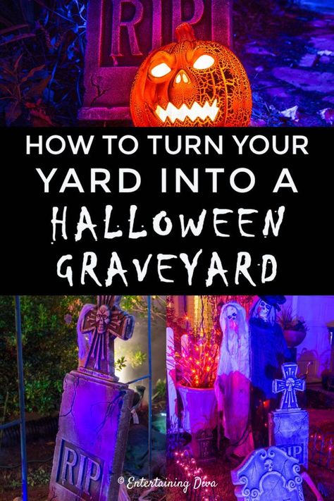 Diy Halloween Pillars, Halloween Graveyard Ideas, Halloween Graveyard Decorations, Diy Halloween Graveyard, Halloween Yard Haunt, Haunted Decor, Halloween Fence, Halloween Gravestones, Halloween Lighting