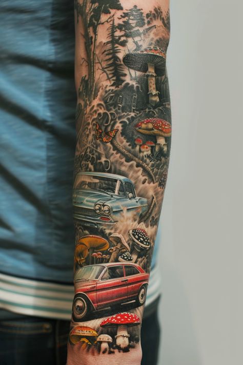 Embark on a visual journey with a sleeve tattoo merging vintage cars  psychedelic mushrooms  and sacred symbols  encapsulating the thrill of speed  the essence of spirituality  and the beauty of growth against a pure white background. A Sleeve Tattoo, Pure White Background, Sacred Symbols, Sleeve Tattoo, Studio Art, Body Mods, Pure White, Art Studios, Sleeve Tattoos