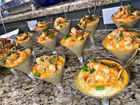 Shrimp And Grits Wedding, Shrimp And Grit Cups, Shrimp And Grits Presentation, Shrimp And Grits Shooters, Shrimp And Grits In Martini Glasses, Shrimp And Grits Cups, Shrimp And Grits Appetizer Cups, Brunch Shower Ideas, Brunch Theme Ideas