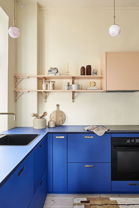 Peach And Blue Interior Design, Primary Colour Kitchen, Peach And Blue Kitchen, Blue Paint Samples, Bright Blue Kitchen, Cobalt Kitchen, Kitchen Hack, Color Kitchen, Kitchen Mood Board