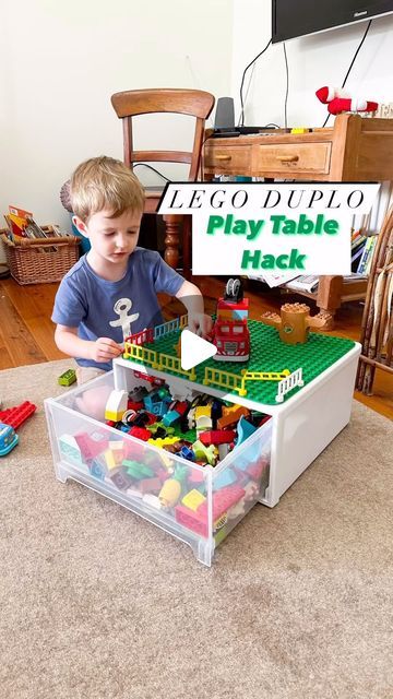 Jana - play, craft, DIY & playroom inspiration, UGC Creator on Instagram: "This little Duplo play table with storage space is one of my favourite travel hacks.  It’s super easy, super practical, and all you need is a Kmart storage drawer, a Duplo baseplate, and some velcro dots! After removing the sticker with the help of my hairdryer (another great hack ;), I popped the velcro dots on the drawer and then the Duplo baseplate on top. This drawer fits a fair amount of blocks and gives the kids an allocated spot to play with their Duplo. It’s also perfect for cleaning up so you don’t step on the Duplo blocks once the kids are in bed.  You can easily take the baseplate off the table if you like, just make sure to add the rough velcro dots on the table and the soft ones on the plate so the base Duplo Play Table, Lego Duplo Storage Ideas, Diy Duplo Lego Table, Duplo Lego Table, Duplo Table Diy, Duplo Organization, Lego Duplo Storage, Duplo Storage Ideas, Playroom Hacks