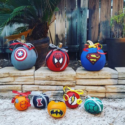 Super hero pumpkins Super Hero Pumpkin Painting Ideas, Super Hero Pumpkin Decorating, Superhero Pumpkin Painting, Superhero Pumpkin, Pumpkin Painting Ideas For Kids, Decorating Ideas For Halloween, Decorated Pumpkins, Painting Ideas For Kids, Pumpkin Decorating Ideas