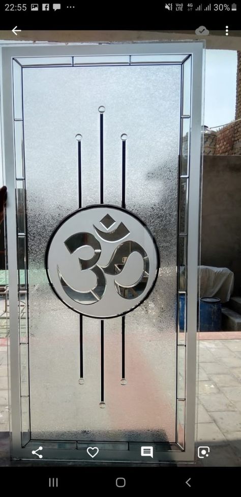 Mandir Mirror Door Design, Glass Etching Designs For Pooja Room, Glass Door For Mandir, Temple Glass Door Design, Ganesh Glass Design, Glass Design For Mandir, Pooja Room Glass Door Design Indian, Temple Glass Door Design For Home, Etched Glass Door Interiors