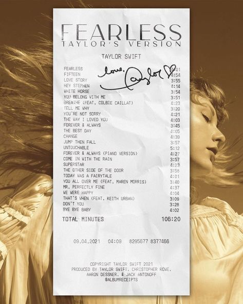 @albumreceipts shared a photo on Instagram: ““Fearless (Taylor’s Version)” by @taylorswift out now!” • Apr 10, 2021 at 2:02am UTC Taylor Swift Fearless Songs List, Fearless Taylor Swift Song List, Fearless Receipt, Taylor Swift Albums List, Taylor Swift Fearless Songs, Song Receipts, Music Receipts, Taylor Swift Fearless Album, Album Receipts