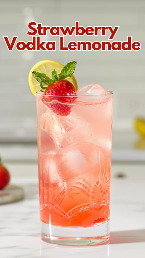 This Strawberry Vodka Lemonade Cocktail blends fresh strawberries with lemonade and vodka for a refreshing, smooth drink. Perfect for summer, it’s best served chilled with ice, garnished with lemon slices and optional mint leaves.  #strawberryvodkalemonade via @mybartender Strawberry Vodka Drinks, Strawberry Vodka Lemonade, Strawberry Alcohol Drinks, Lemonade And Vodka, Alcoholic Lemonade Drinks, Lemon Vodka Drinks, Strawberry Lemonade Cocktail, Vodka Sour Recipe, Vodka Drinks Easy