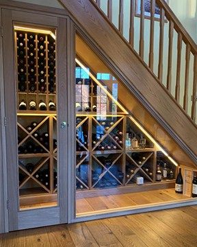 Basement Staircase Ideas 2 Under Stairs Wine Cellar, Basement Update, Oak Wine Rack, Cellar Ideas, Wine Closet, Home Wine Cellars, Under The Stairs, Wine Cellar Design, Cellar Design