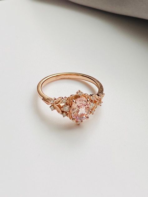 Enchanted Forest Pink Sapphire Engagement Ring. Vintage Filigree Ring. Engagement Ring. Peach Sapphire Rose Gold Ring by Eidelprecious - Etsy Australia Unique Engagement Rings Pink, Rapunzel Engagement Ring, Light Pink Engagement Ring, Red Sapphire Engagement Ring, Filigree Ring Engagement, Pink Engagement Rings, Engagement Rings Pink, Pink Wedding Ring, Sapphire Rose Gold Ring