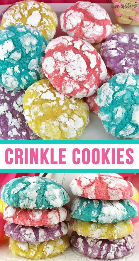 Springtime Crinkle Cookies - light and fluffy on the inside - sweet and crunchy on the outside with a hint of lemon flavor. A yummy homemade Crinkle Cookie recipe that is not made from a cake mix. This fun and easy Easter Treat would be a great Easter dessert idea. Pin this easy Spring cookie recipe for later and follow us for more great Easter Food ideas. #SpringCookies #EasterDesserts #EasterTreats #CrinkleCookies Cookies Crinkle, Easy Easter Cookies, Easter Food Ideas, Easter Cookie Recipes, Cookies Light, Easy Easter Treats, Crinkle Cookies Recipe, Lemon Crinkle Cookies, Spring Baking