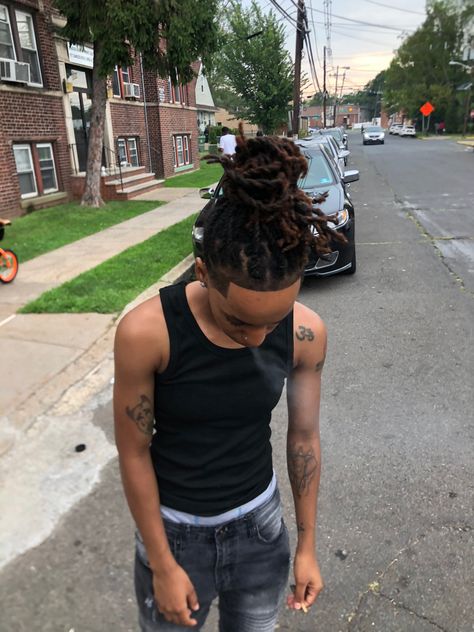 Black Stud Hairstyles, Dread Hairstyles For Studs, Studs With Braids, Stud With Locs, Studs With Locs, Pretty Studs With Locs, Pan Panic, Black Lesbian Studs, Stud Hairstyles