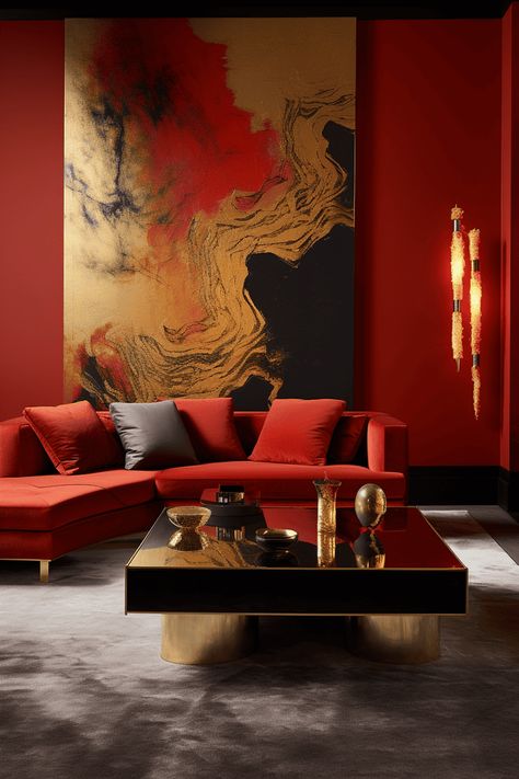 Color Coordination: Red and Gold Accents for a Chic Living Room Red And Gold Living Room, Gold Color Combinations, Eclectic Light Fixtures, Gold Accent Chair, Gold Couch, Eclectic Lighting, Gold Living Room Decor, Color Combinations Home, Gold Color Combination