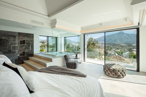 Master Bedroom with Jacuzzi and Mountain Views Bedroom With Jacuzzi Master Bathrooms, Bedroom With Jacuzzi, Modern Glass House, Bedroom With Bathroom, Bedroom Ensuite, Suite Bathroom, Open Living Area, Master Room, En Suite Bathroom