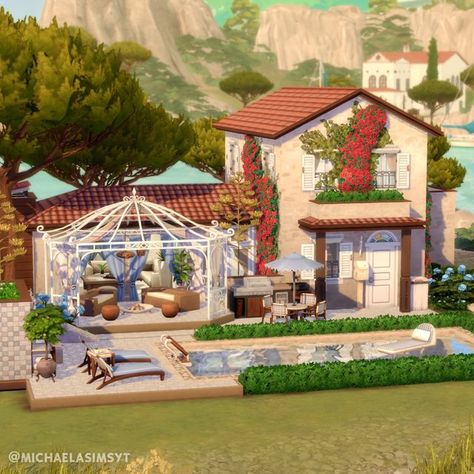 Michaela Sims | Sims 4 Builder ✨🇨🇿 on Instagram: "#EAPartner | Spanish Riviera Villa ❤️ A small riviera home for a family of 3 sims with plenty of outdoor hangout space and a small pool! I used a lot of the items from the new #TheSims4RivieraRetreat kit, which I am absolutely in love with!  ❤️ Tartosa ❤️ 20x20 ❤️ $95,000  ❤️ Origin ID: michaelasimsyt ❤️ Speed build on my YT channel, link in bio ________________ 🏷  the sims 4 | the sims 4 house | the sims 4 ideas | sims 4 speedbuild | sims 4 exterior  Game: @thesims | #EACreatorNetwork #thesims #thesims4 #sims4 #showusyourbuilds #ts4 #sims4build #simstagram #simsbuild" Sims 4 Exterior, Sims 4 Ideas, Outdoor Hangout, Sims 4 Restaurant, Sims 4 House, Sims 4 House Plans, Sims 4 House Building, Suburban House, Casas The Sims 4