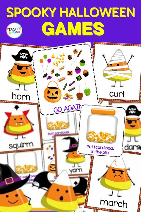 Get your students excited about phonics with this Halloween game. With this fun game focused on bossy r-controlled vowels (ar, er, ir, or, ur) your students won't even realize they are learning! The perfect activity for small group or intervention time this Halloween.Take turns flipping a card and saying the word on it to win! Grab your deck of word cards today. Halloween Fluency Activities, Halloween Phonics Games, Halloween Games Second Grade, R Controlled Vowels, R Controlled Words Activities, Spooky Games, Autumn Teaching Ideas, Primary Teaching, 2nd Grade Teacher