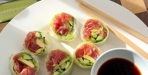 Tuna Rice, Raw Tuna, Sushi Recipes Homemade, Rice Paper Rolls, Spicy Tuna, Sushi Recipes, Low Calorie Recipes, Low Calorie, Rice Paper