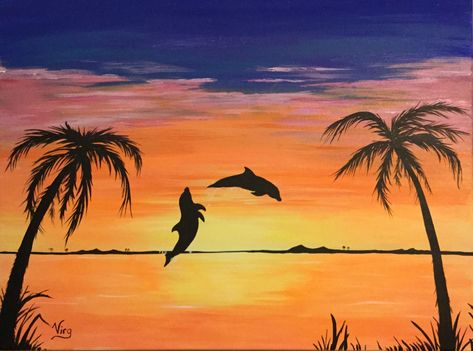 "2 paintings in 1 GLOW IN THE DARK Dolphin sunset painting Made To Order Great for a night light for your child's room or just something peaceful and fun for you.  Choose the size you want and the Glow in the Dark color you would like. The photos show day time view and examples of Night time glow view.  *The day time view of this Painting is the Orange sunset. You choose what night time glow Color you want.  Request for other adjustments welcome as well just message me.   All of our glow paints Pink Sky Landscape, Dolphin Sunset, Drawing Sky, Beach Rainbow, Surfboard Painting, Palm Tree Drawing, Beach Glow, Theme Bedroom, Glow Paint