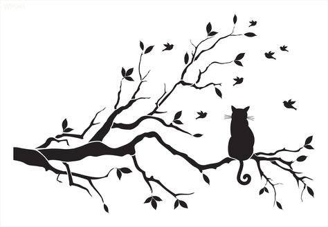 cat in a tree Tree Branch Stencil, Tree Eyes, Cat On Tree, Eyes Draw, Stencil Wall Art, Stencil Decor, Tree Stencil, Air Brush Painting, Cat Silhouette