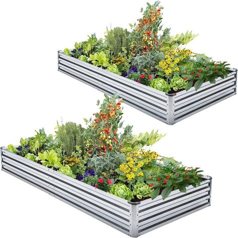 Raised garden beds made of galvanized metal.  The open bottom design prevents root rot. Metal Garden Beds, Raised Garden Bed Kits, Outdoor Herb Garden, Raised Planter Boxes, Plants Vegetables, Garden Boxes Raised, Metal Raised Garden Beds, Raised Planter, Modern Planters