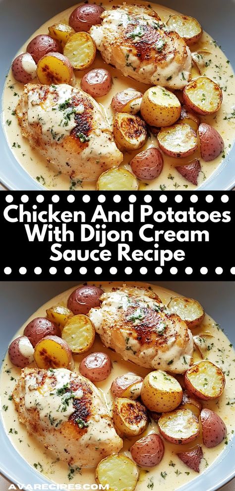 This Chicken and Potatoes with Dijon Cream Sauce is an easy-to-make dish that combines tender chicken, hearty potatoes, and a smooth, flavorful sauce, ideal for a cozy family dinner. Dijon Cream Sauce Chicken, Creamy Dijon Chicken And Potatoes, Creamy Dijon Chicken, Creamy Dijon Sauce, Dijon Chicken Recipes, Dijon Cream Sauce, Creamy Dijon, Cream Sauce For Chicken, Dijon Sauce