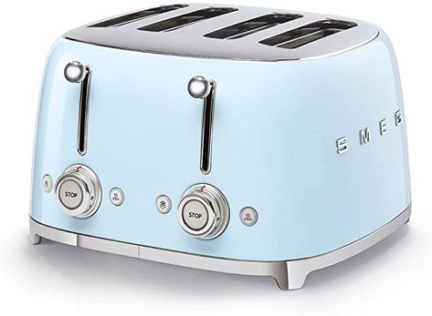 Smeg TSF03PBUK Retro 4 Slice Toaster, 4 Extra-Wide Slots, 6 Browning Levels, Automatic Pop-Up, Removable Crumb Trays, Reheat and Defrost Buttons, Anti Slip Feet, 2000 W, Pastel Blue: Amazon.co.uk: Kitchen & Home Blue Toaster, Smeg Toaster, 4 Slice Toaster, Kettle And Toaster Set, Seafoam Blue, Kettle And Toaster, 50's Style, 50 Style, Black Set