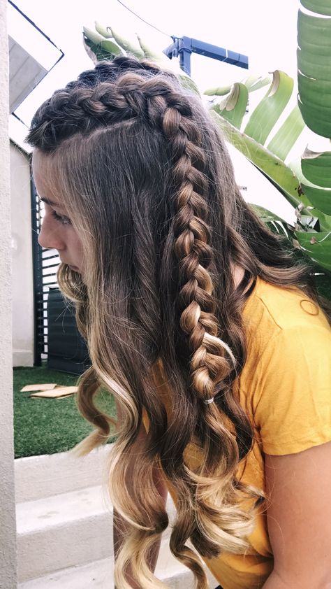 Hair For Dancing, Senior Picture Hairstyles Braids, Two Dutch Braids Half Up Half Down, Dutch Braid Half Up Half Down, Hair With Braids And Curls, Conformation Hairstyles, Pretty Hair Styles, Plait Hairstyles, Dutch Braid Half Up